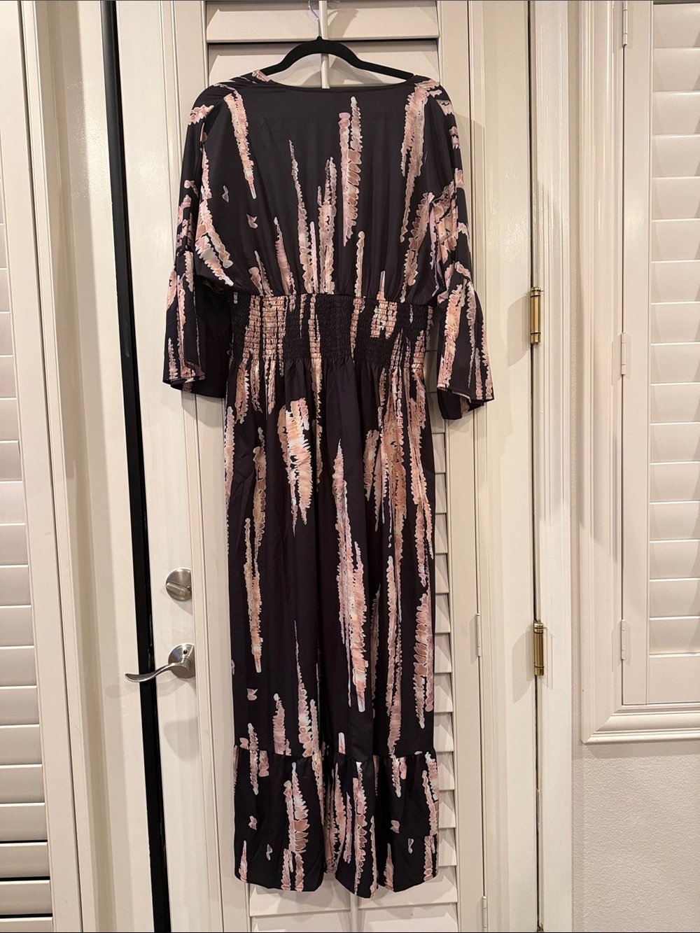 Women’s Black & Pink Printed Maxi Dress - V-Neck, Smocked Waist - Picture 4 of 5